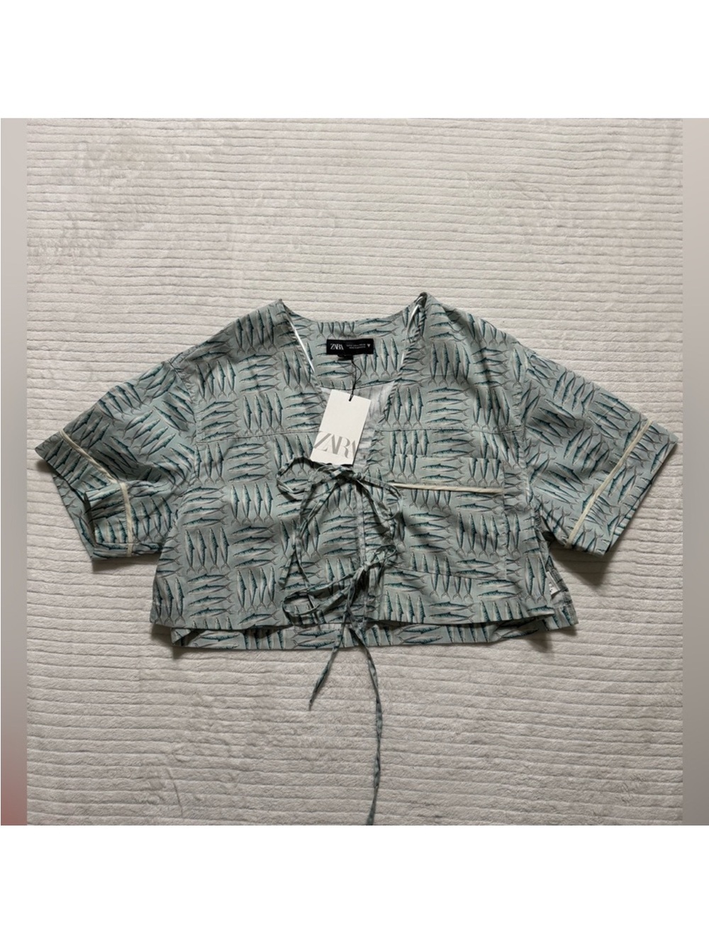 Zara Mint Green Patterned Tie-Front Crop Top - Picture 2 of 12